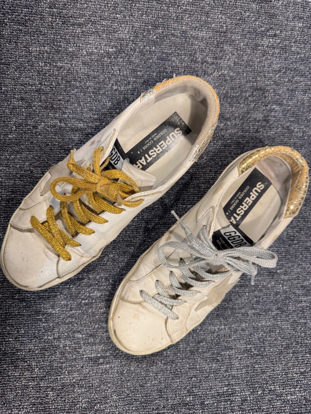 Golden Goose White Superstar Sneakers with Gold and Silver Metallic Accents